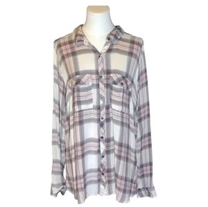 Maurices Pink Gray Plaid Lightweight Button Down Long Sleeve Shirt Size 1 Plus